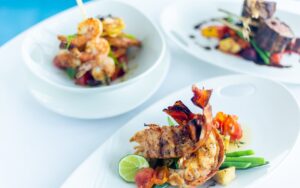 three elegant seafood plated meals